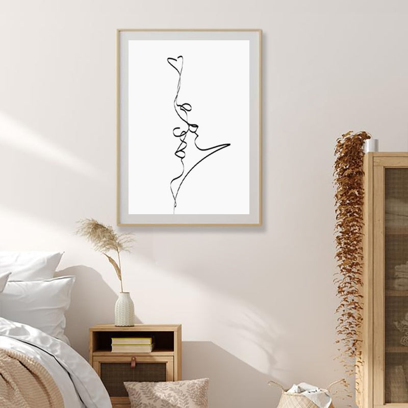 Simple Kiss Abstract Line Art Wall Art Fine Art Canvas Print Black White Minimalist Monochrome Illustration Love Poster For Living Room Bedroom Home Decor