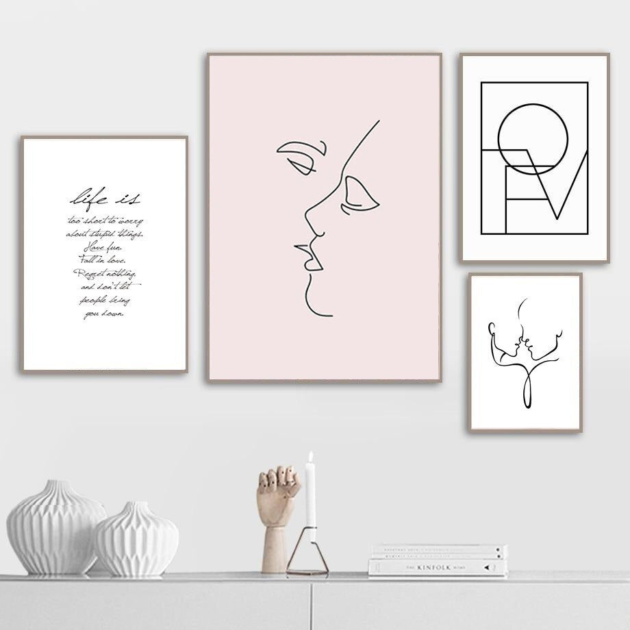 Simple Minimalist Lovers Wall Art Fine Art Canvas Prints Pink Black White Line Art Drawings With Quotation Modern Nordic Bedroom Wall Decor
