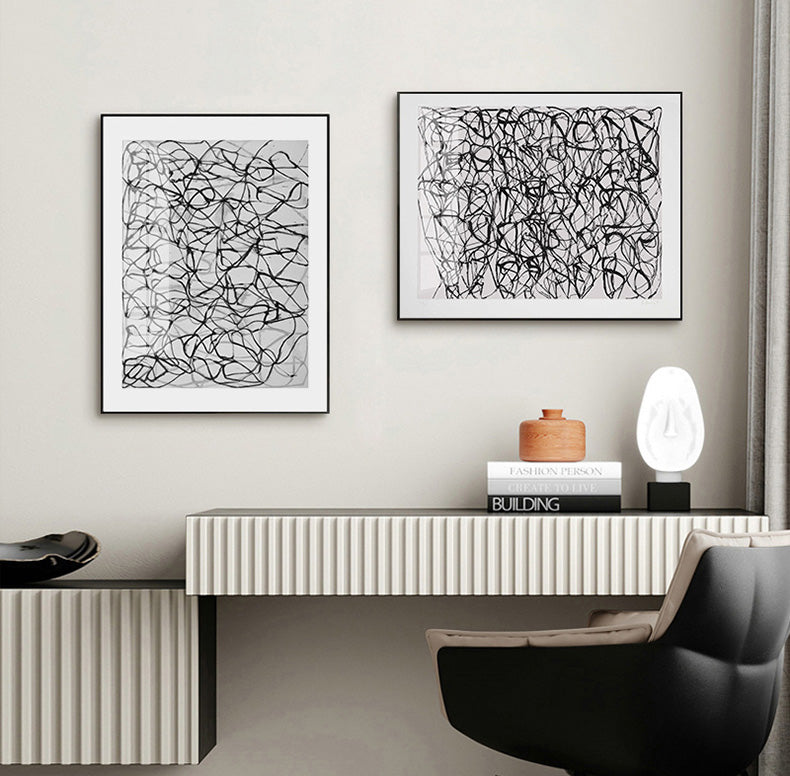 Tangled Black Lines Abstract Wall Art Fine Art Canvas Prints Modern Black White Posters Pictures For Contemporary Home Office Decor