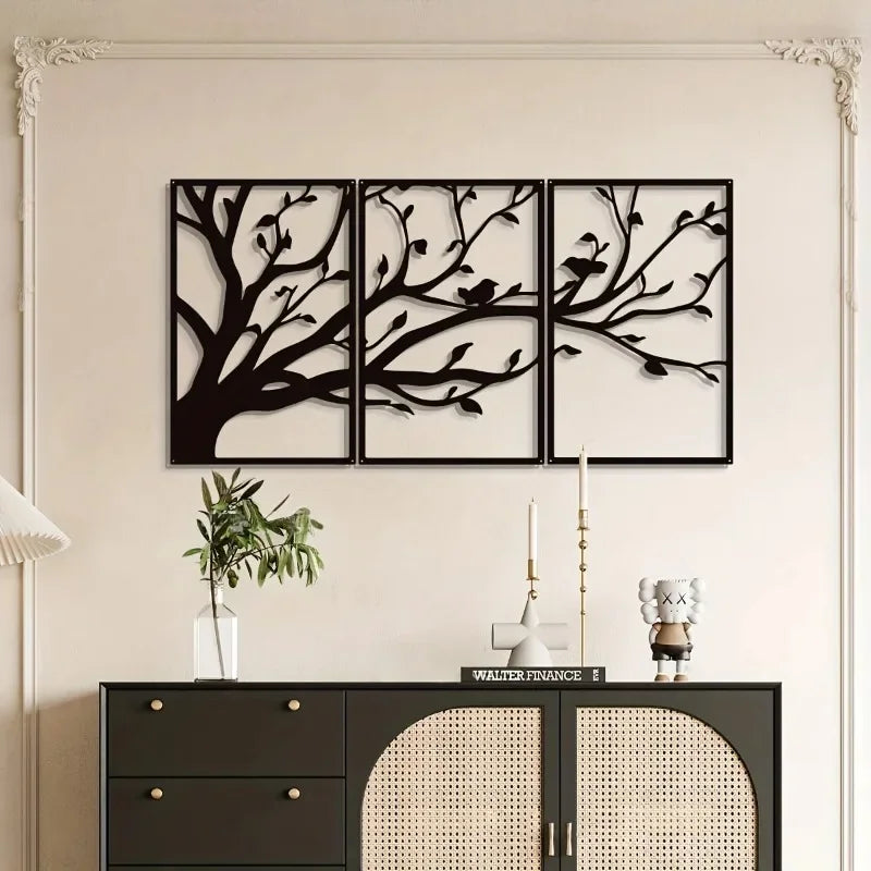 Tree Of Life Iron Art Wall Art 3D Metal Sculptured Birds On Branches Wall Decoration For Living Room Dining Room Creative Contemporary Nordic Home Decor - Set of 3Pcs
