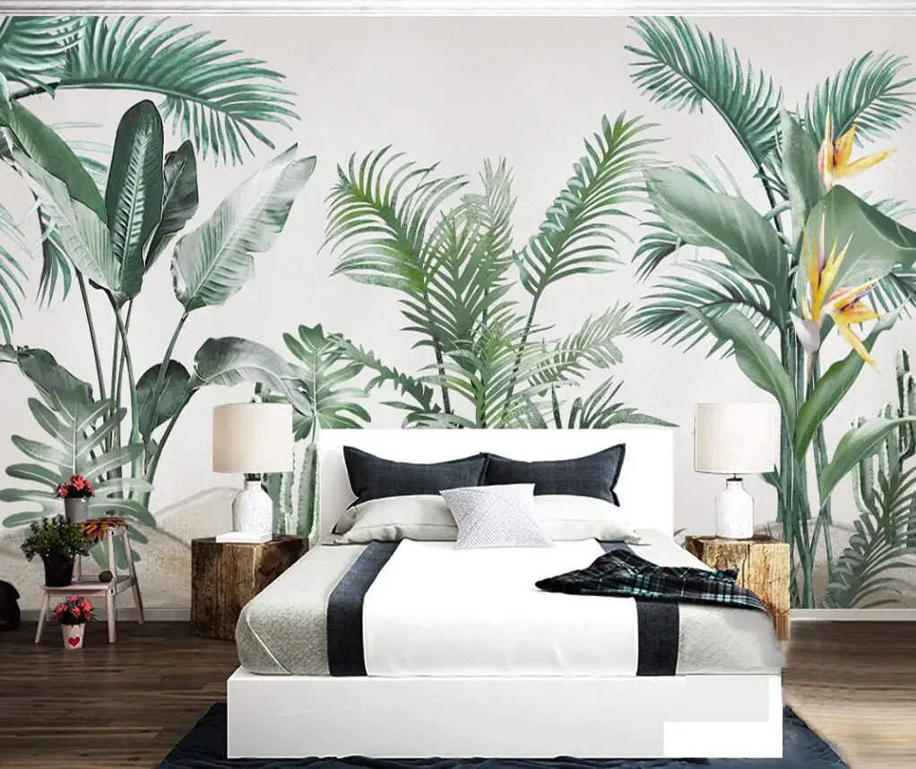 Tropical Green Leaves Wall Mural Big Size Palm Leaf Forest Exotic Foliage Green Leaf Wall Decor Custom Size Wall Covering Wallpaper For Living Room