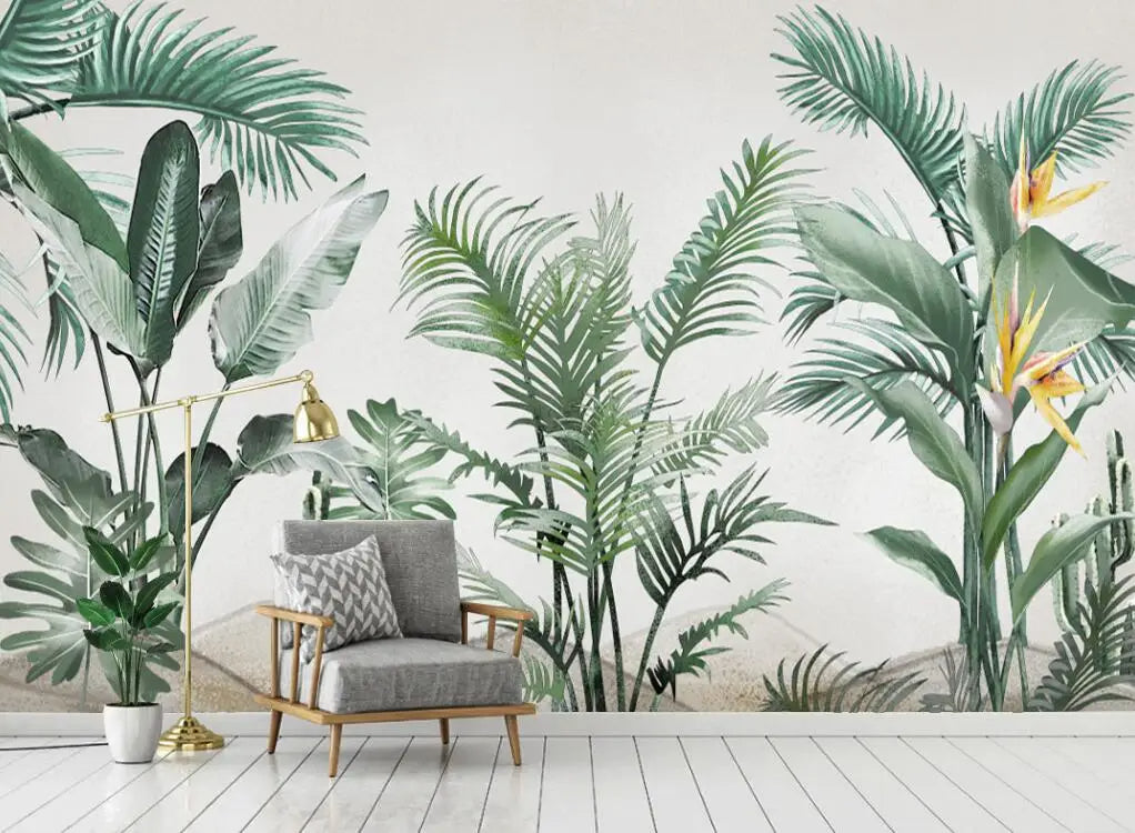 Tropical Green Leaves Wall Mural Big Size Palm Leaf Forest Exotic Foliage Green Leaf Wall Decor Custom Size Wall Covering Wallpaper For Living Room