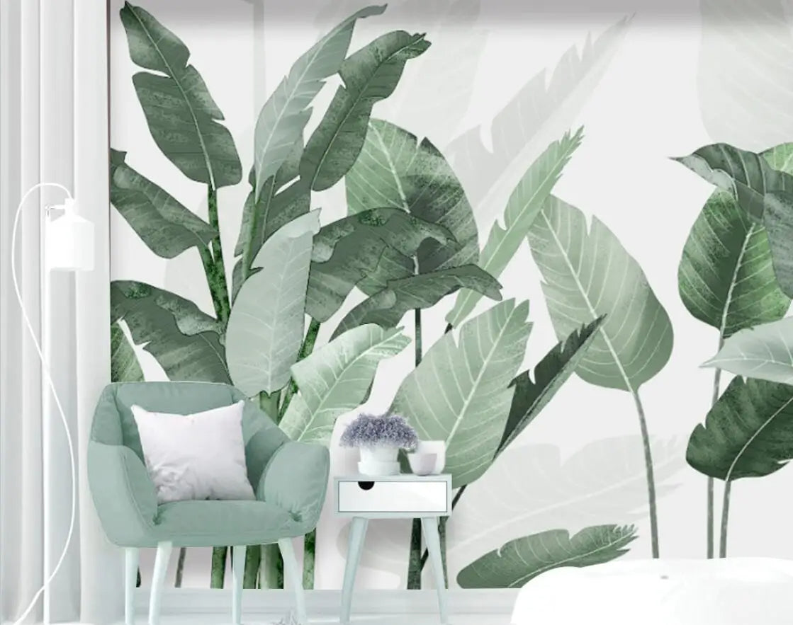 Tropical Green Leaves Wall Mural Big Size Palm Leaf Forest Exotic Foliage Green Leaf Wall Decor Custom Size Wall Covering Wallpaper For Living Room