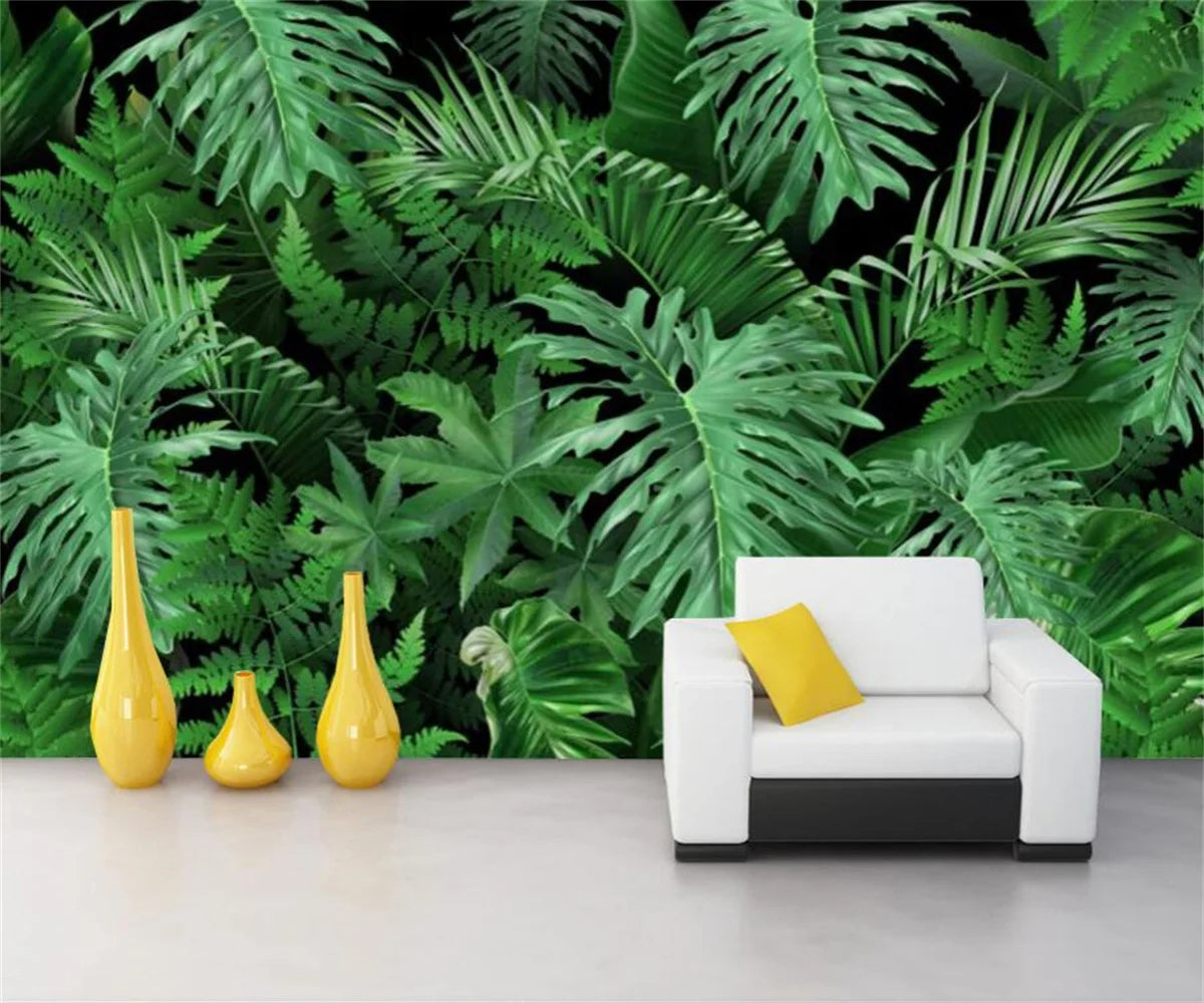 Tropical Green Leaves Wall Mural Big Size Palm Leaf Forest Exotic Foliage Green Leaf Wall Decor Custom Size Wall Covering Wallpaper For Living Room