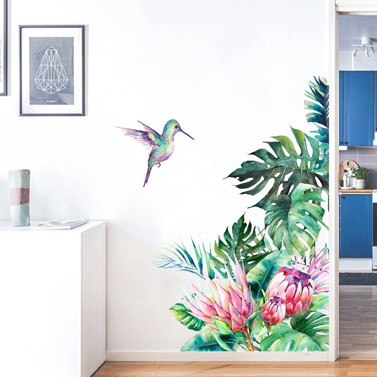 Tropical Botanical Flowers and Hummingbird Wall Art Mural