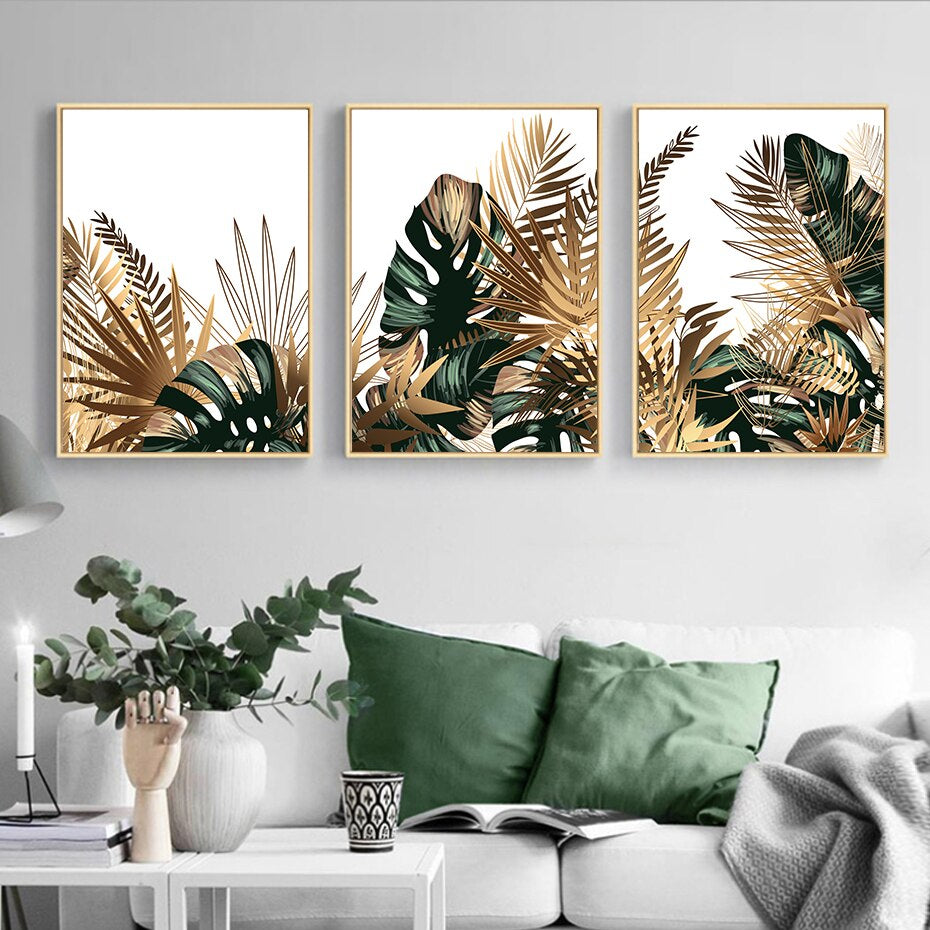 Tropical Green Golden Leaves Abstract Wall Art Minimalist Botanical Wall Art Pictures For Living Room Dining Room Nordic Home Interior Decoration