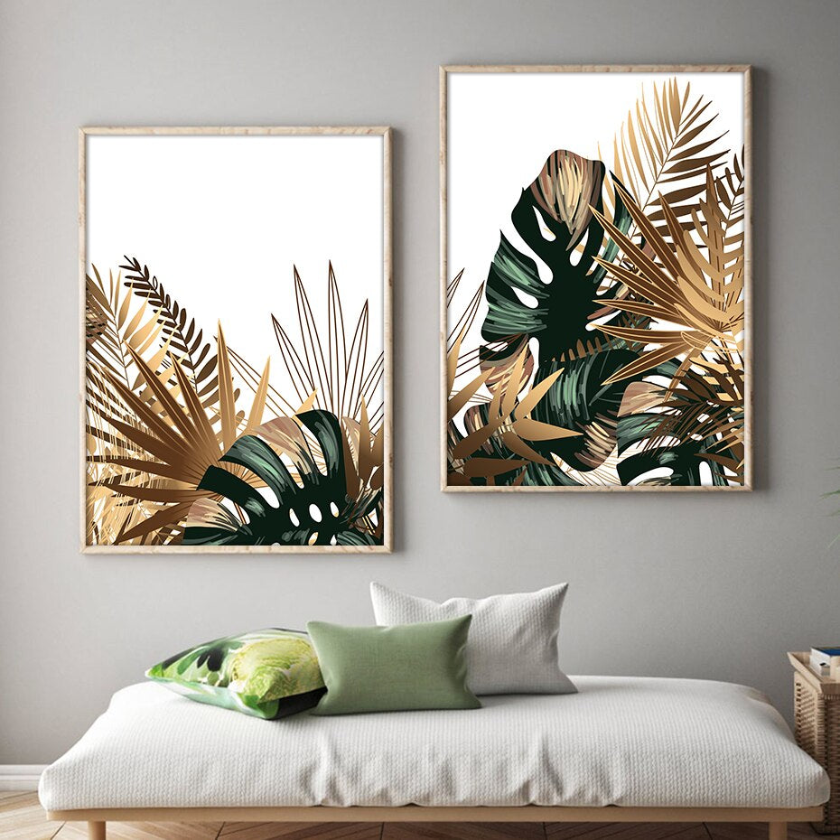 Tropical Green Golden Leaves Abstract Wall Art Minimalist Botanical Wall Art Pictures For Living Room Dining Room Nordic Home Interior Decoration