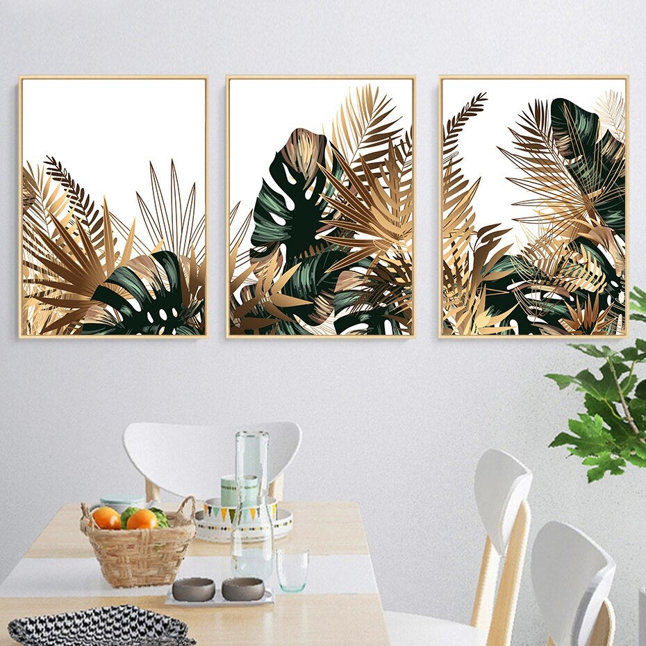 Tropical Green Golden Leaves Abstract Wall Art Minimalist Botanical Wall Art Pictures For Living Room Dining Room Nordic Home Interior Decoration