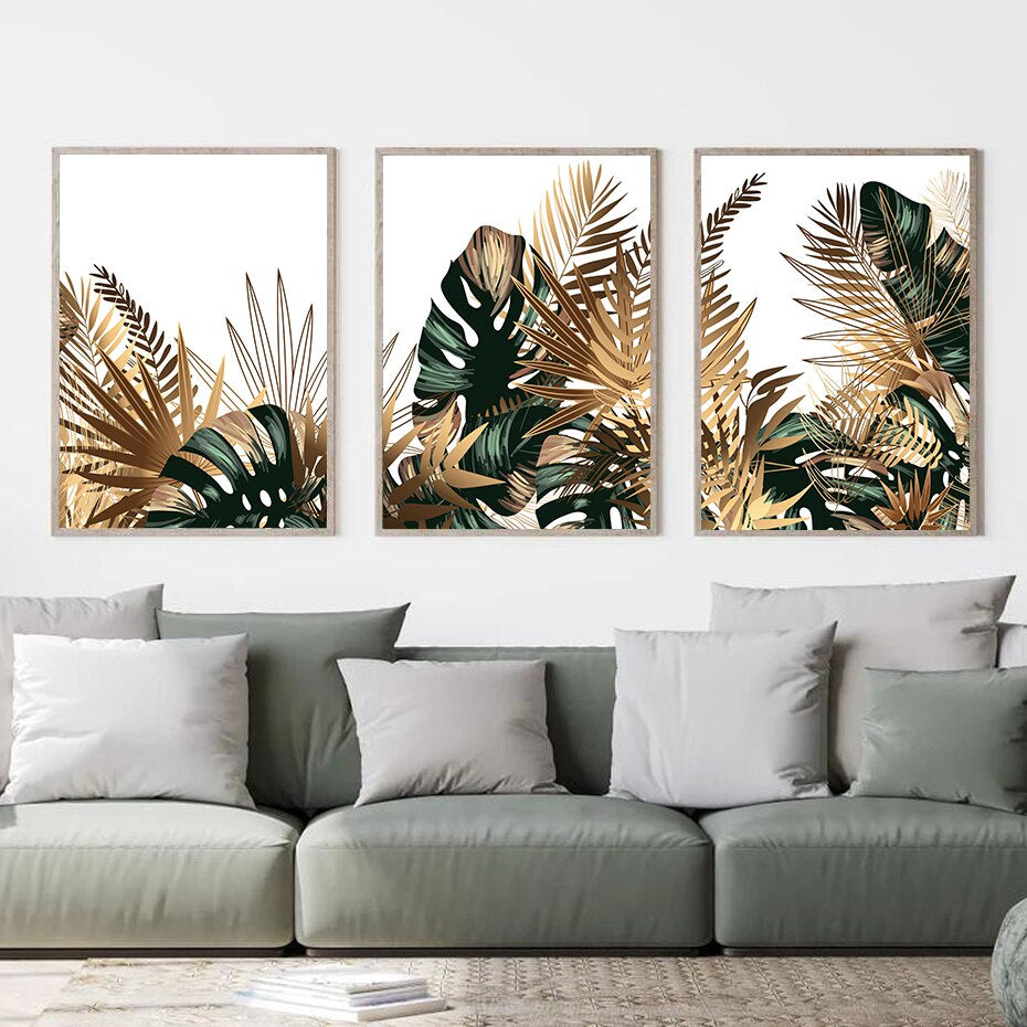 Tropical Green Golden Leaves Abstract Wall Art Minimalist Botanical Wall Art Pictures For Living Room Dining Room Nordic Home Interior Decoration