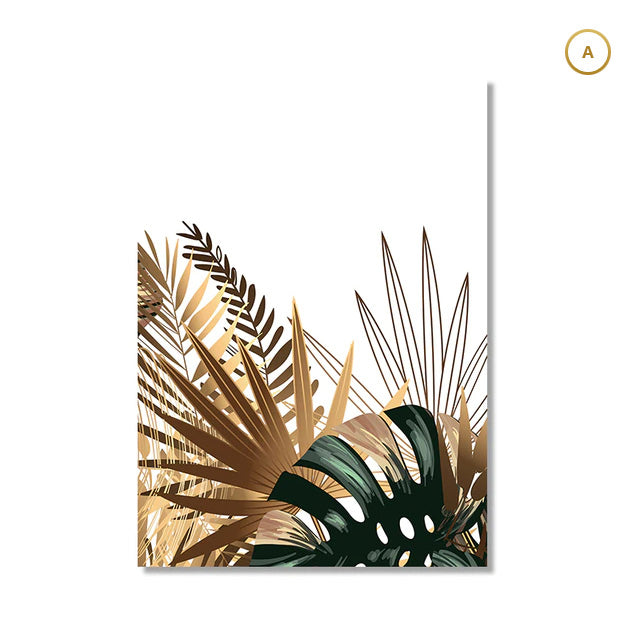 Tropical Green Golden Leaves Abstract Wall Art Minimalist Botanical Wall Art Pictures For Living Room Dining Room Nordic Home Interior Decoration