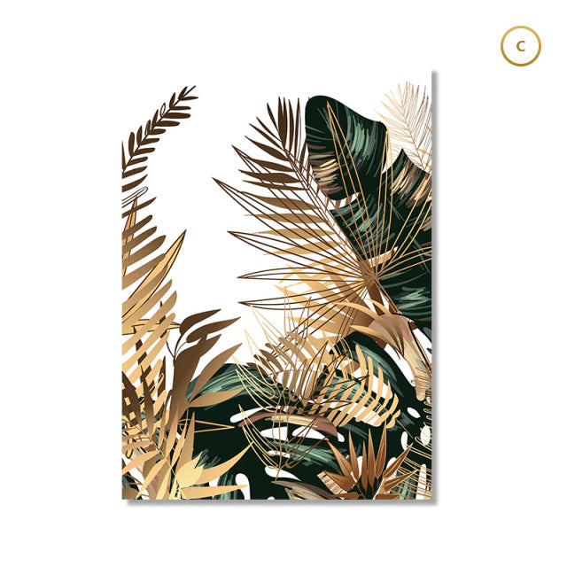 Tropical Green Golden Leaves Abstract Wall Art Minimalist Botanical Wall Art Pictures For Living Room Dining Room Nordic Home Interior Decoration