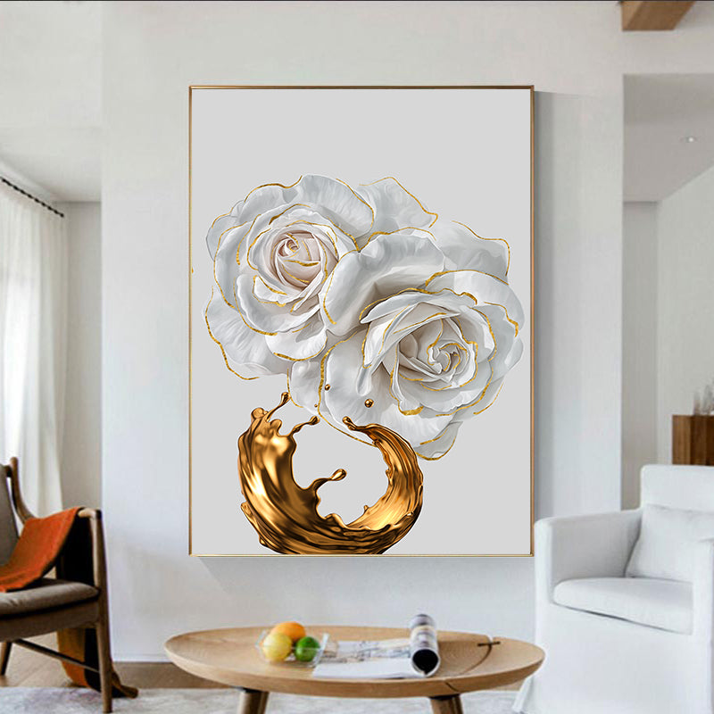 White Rose Golden Floral Wall Art Fine Art Canvas Prints Modern Abstract Botanical Pictures For Luxury Living Room Dining Room Bedroom Art Decor