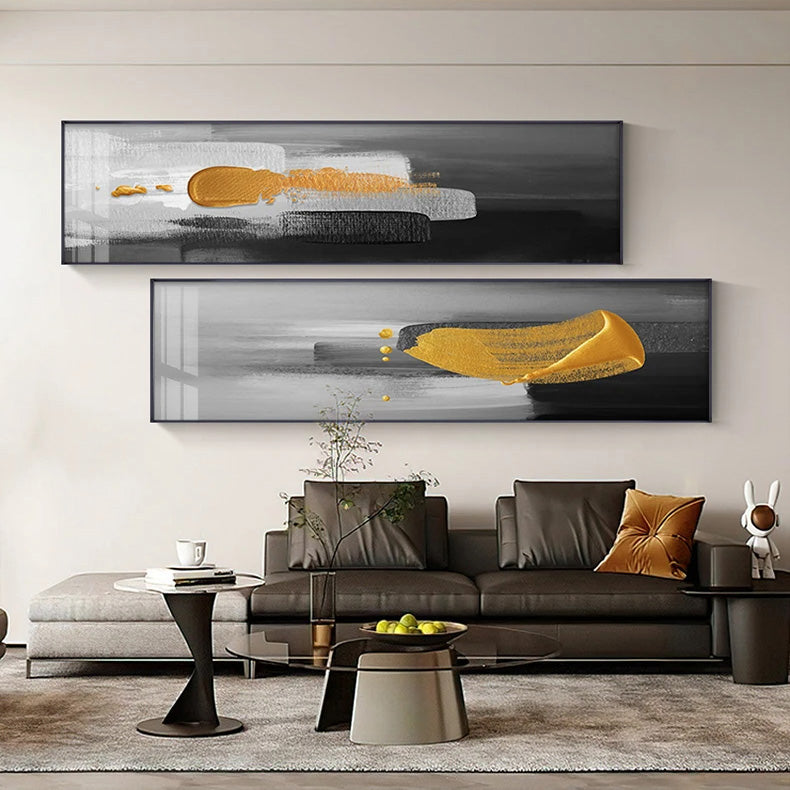 Wide Format Nordic Abstract Wall Art Thick Brush Gold Black Grey Fine Art Canvas Print Pictures For Above The Sofa Above The Bed