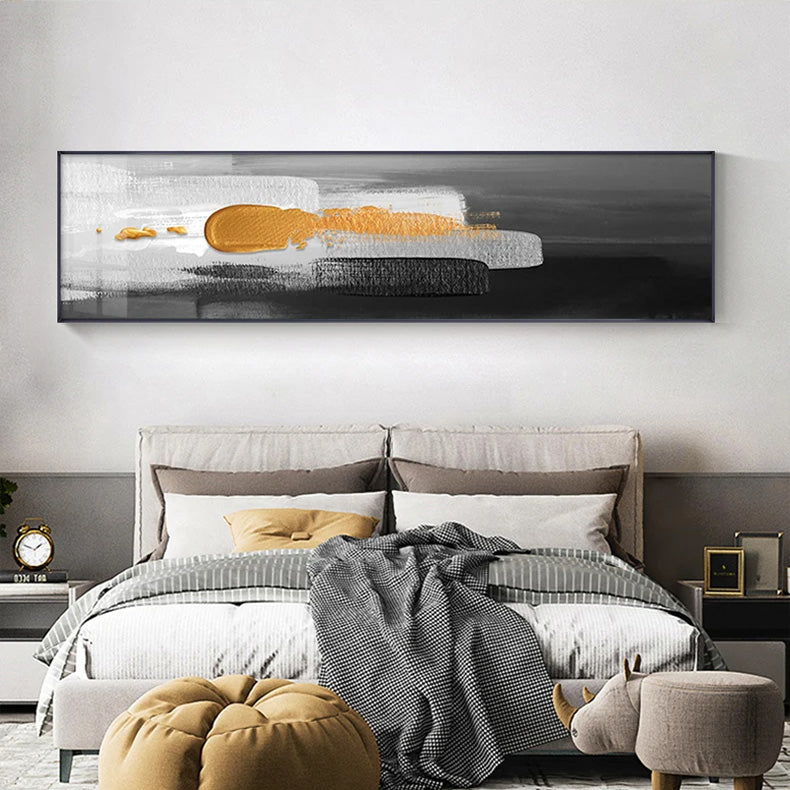 Wide Format Nordic Abstract Wall Art Thick Brush Gold Black Grey Fine Art Canvas Print Pictures For Above The Sofa Above The Bed