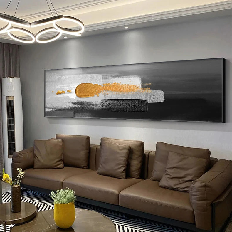 Wide Format Nordic Abstract Wall Art Thick Brush Gold Black Grey Fine Art Canvas Print Pictures For Above The Sofa Above The Bed