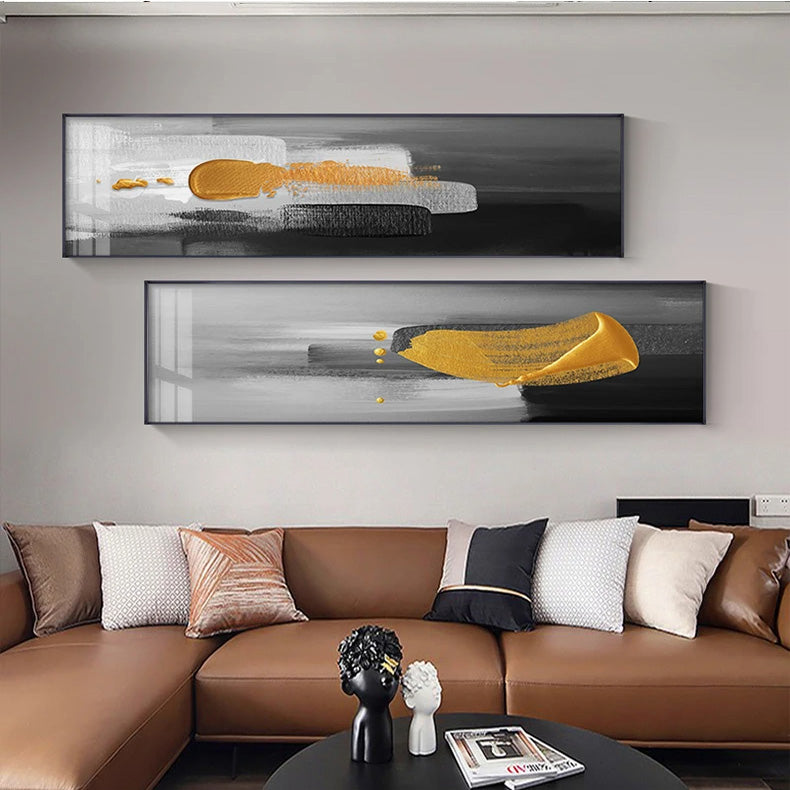 Wide Format Nordic Abstract Wall Art Thick Brush Gold Black Grey Fine Art Canvas Print Pictures For Above The Sofa Above The Bed