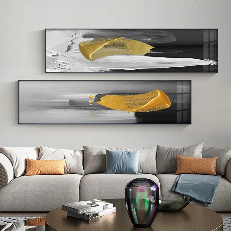 Wide Format Nordic Abstract Wall Art Thick Brush Gold Black Grey Fine Art Canvas Print Pictures For Above The Sofa Above The Bed