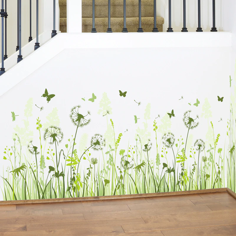 Wild Green Meadow Dandelions & Butterflies Wall Art Baseboard Mural Removable PVC Wall Decal For Living Room Games Room Nursery Decor