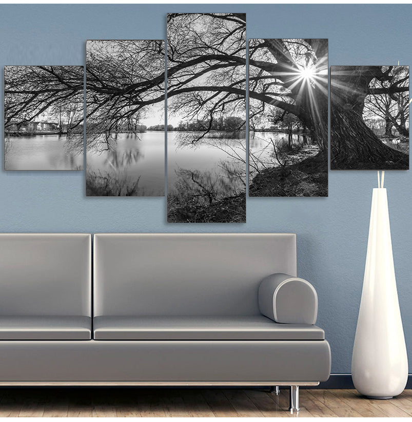 Winter Lake Landscape Scenery Wall Art Set of 5 pcs Fine Art Canvas Prints Modern Black & White Lifestyle Pictures For Living Room Wall Decoration