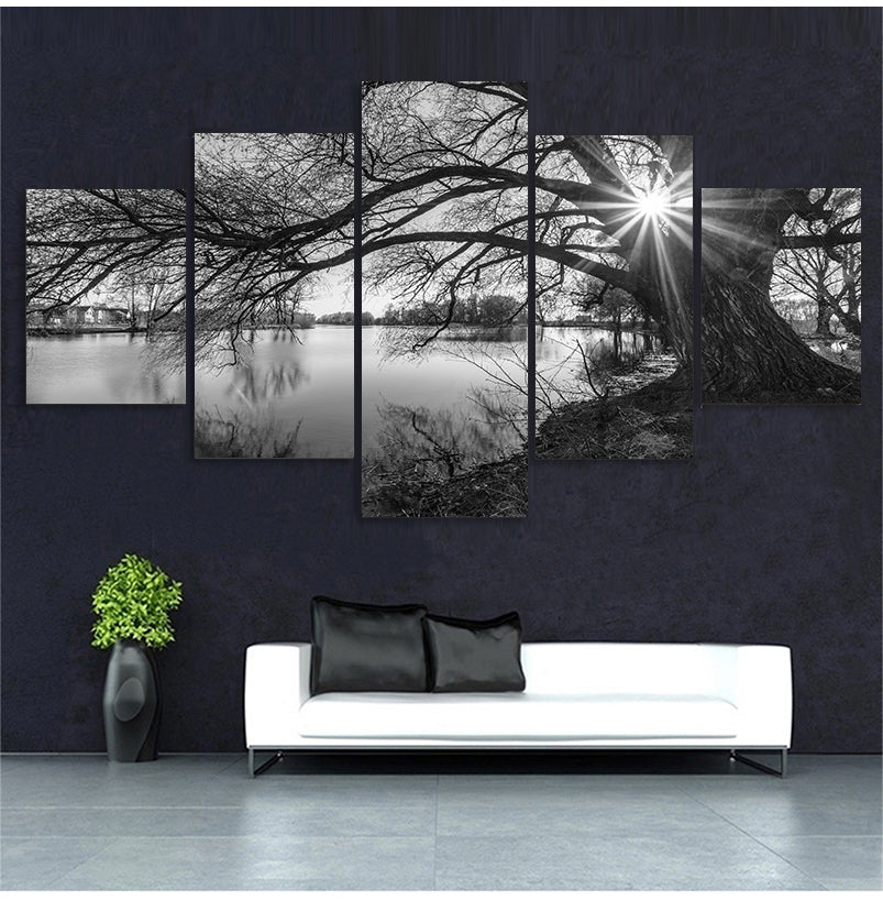 Winter Lake Landscape Scenery Wall Art Set of 5 pcs Fine Art Canvas Prints Modern Black & White Lifestyle Pictures For Living Room Wall Decoration