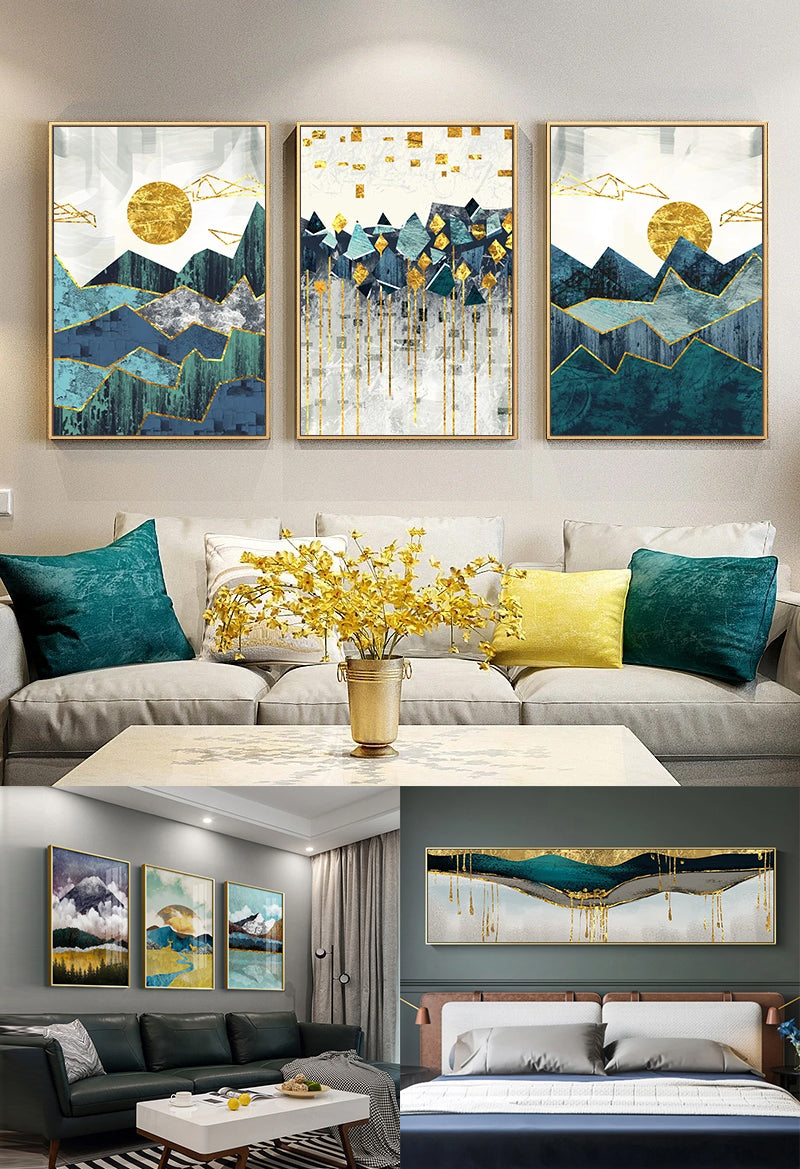 Abstract Mountain Landscape Blue Jade Green Golden Contemporary Wall Art Posters Fine Art Canvas Prints Nordic Pictures For Modern Home Decor