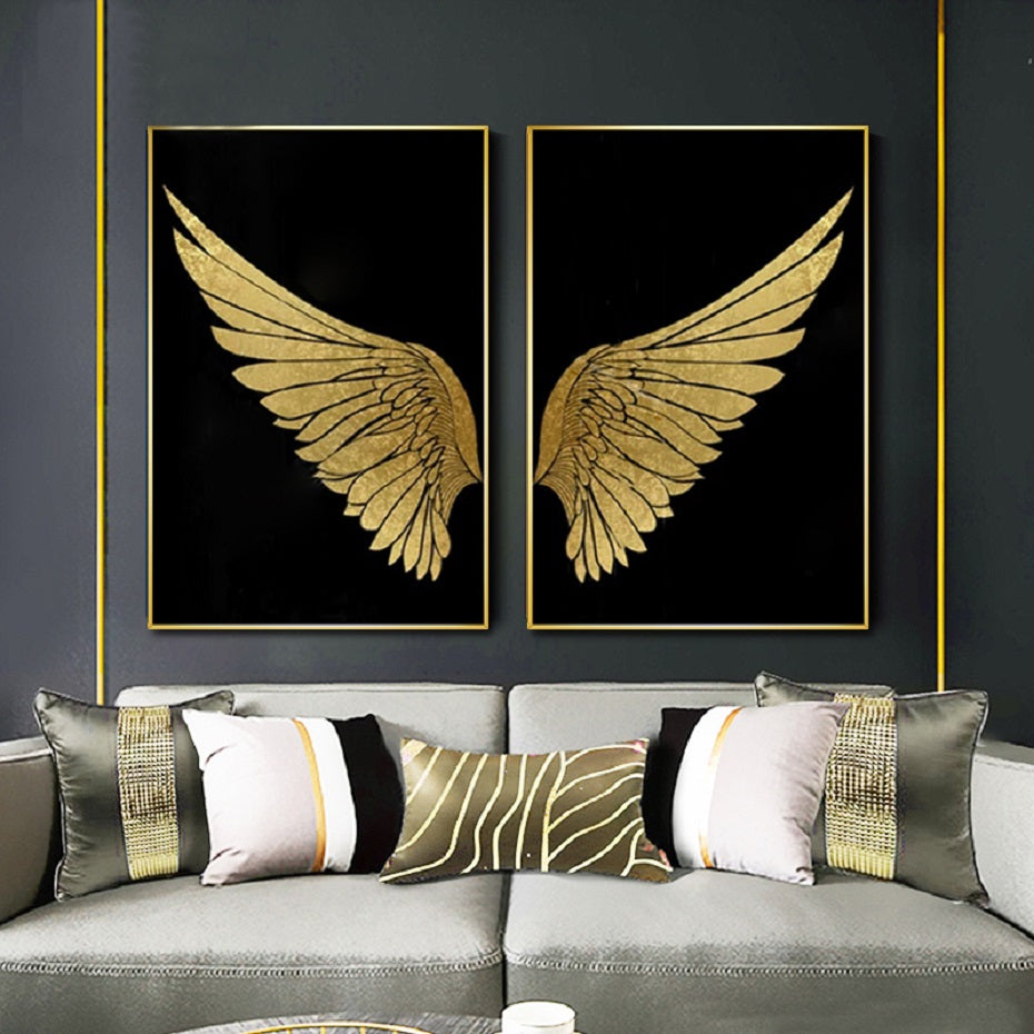 Luxury Golden Wings Black Gold Wall Art Modern Chic Fashion Salon Pict