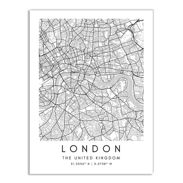 London Paris Amsterdam City Maps Wall Art Fine Art Canvas Print CUSTOM City Map Picture Minimalist Black White Nordic Style Home Office Interior Decor