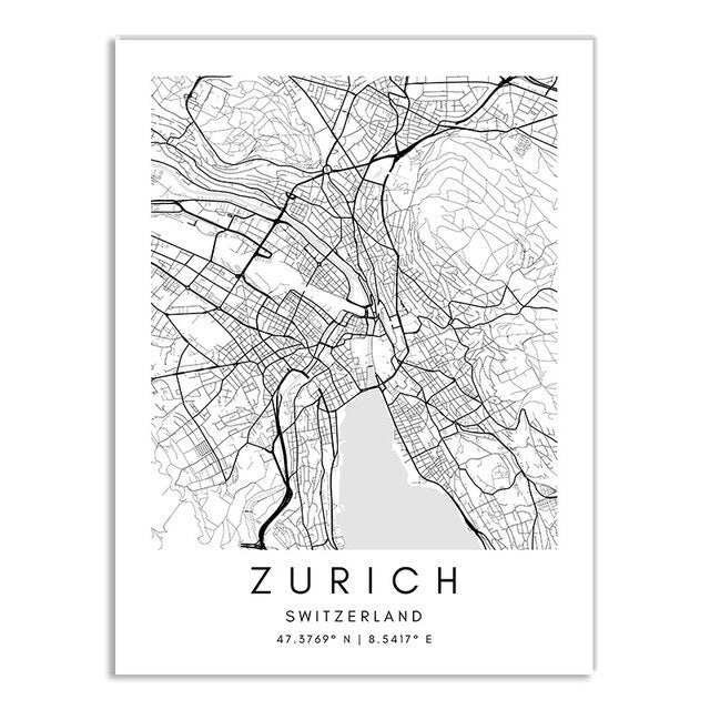 London Paris Amsterdam City Maps Wall Art Fine Art Canvas Print CUSTOM City Map Picture Minimalist Black White Nordic Style Home Office Interior Decor