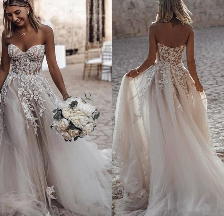 Sweetheart A-line Tulle/Applique Beach Wedding Dress ,Fashion Custom m ...