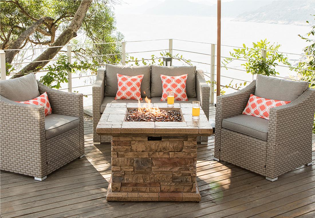 4 Piece Wicker Conversation Sofa Set with Square Fire Pit placed on deck