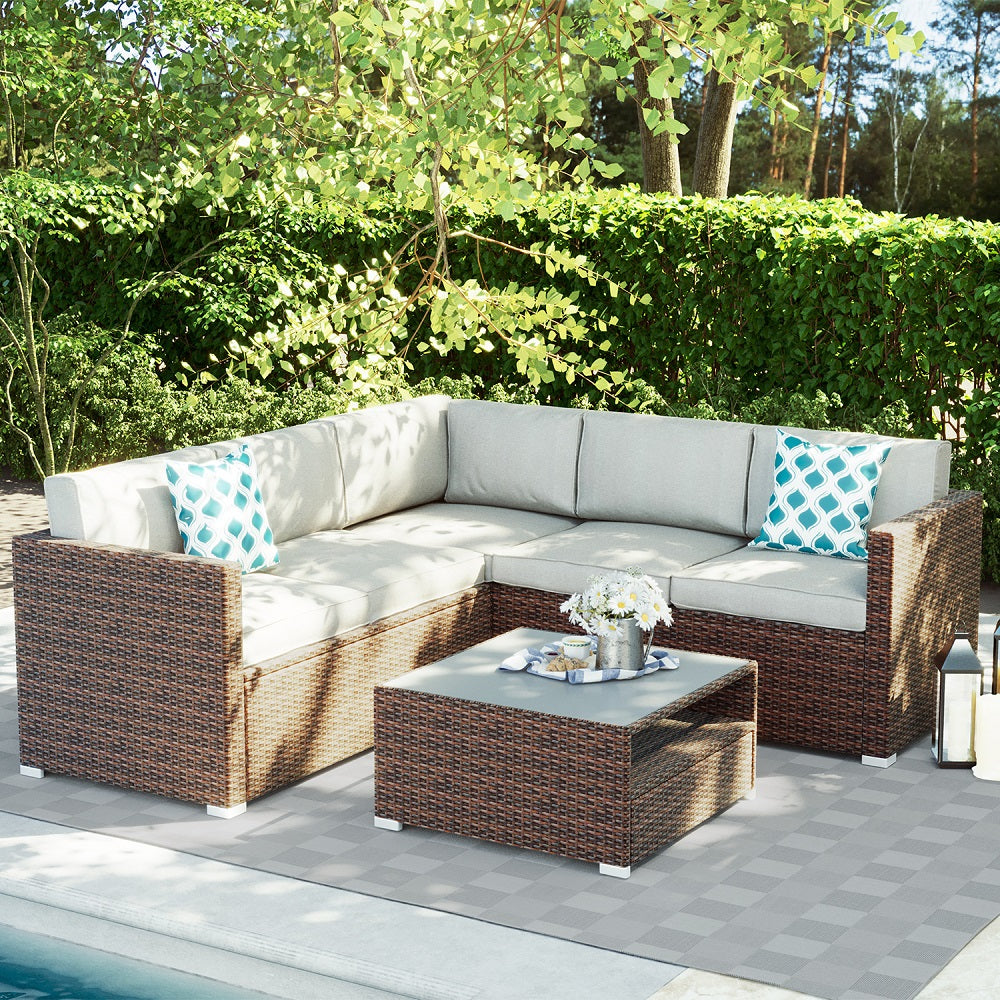 4 Piece L Shaped Brown Wicker Outdoor Sectional