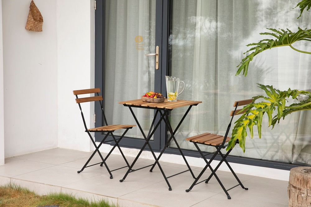 3 piece wood floding chair set in front of the glass door