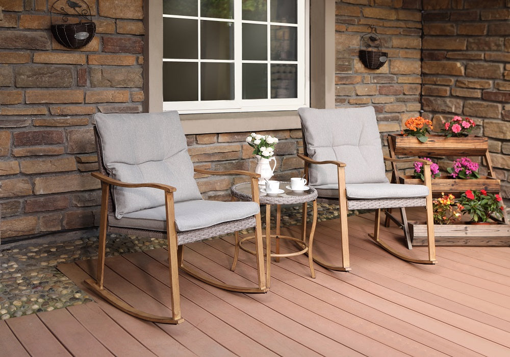 3 piece rocking chair set placed on the patio