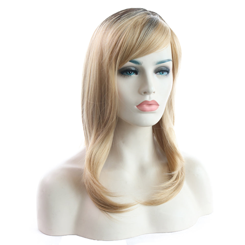 Synthetic Wig Natural Wavy Hair Light Blonde Side Part Bangs Wig