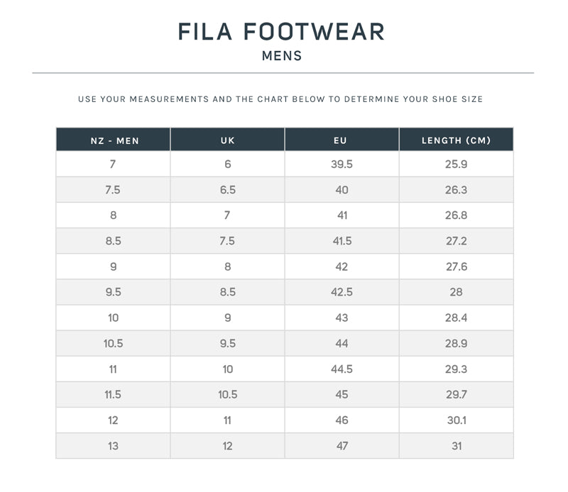 fila size chart kids