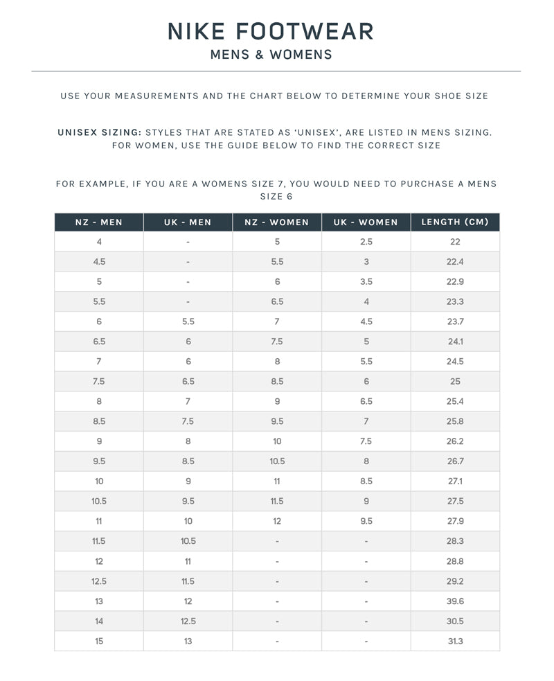 Nike Size Charts – Shoe Bizz