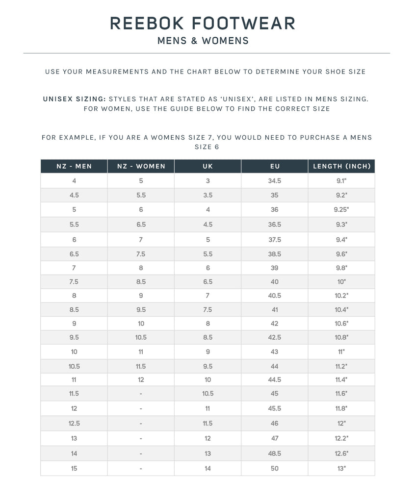 reebok unisex size chart