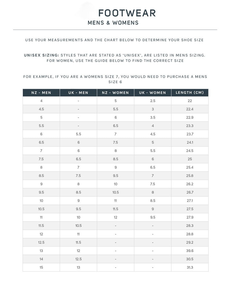 Footware Size Charts – Shoe Bizz