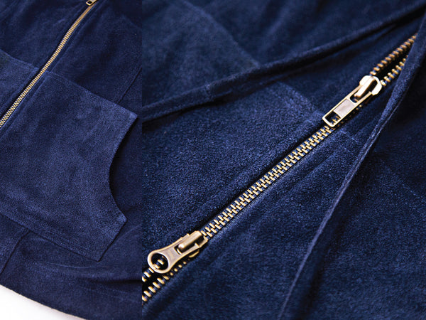 Liam Blue Suede Leather Hoodie Jacket By Wickliffe Los Angeles Details