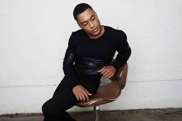 BLACK JERSEY LEATHER PANEL LONG SLEEVE SHIRT