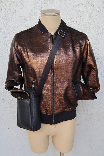 wickliffe.la zane bomber jacket metallic copper and black lambskin laser-cut leather