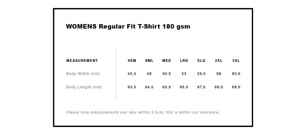 Geltchy | WOMENS Regular Fit T-Shirt Mid Weight 100% Cotton 180gsm Size Guide