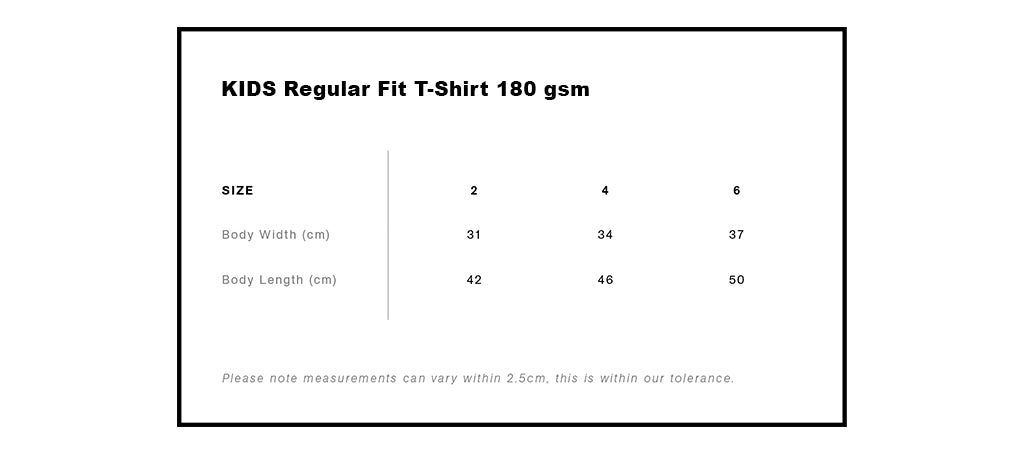 KIDS Regular Fit T-Shirt Mid Weight 100% Cotton 180gsm Size Guide