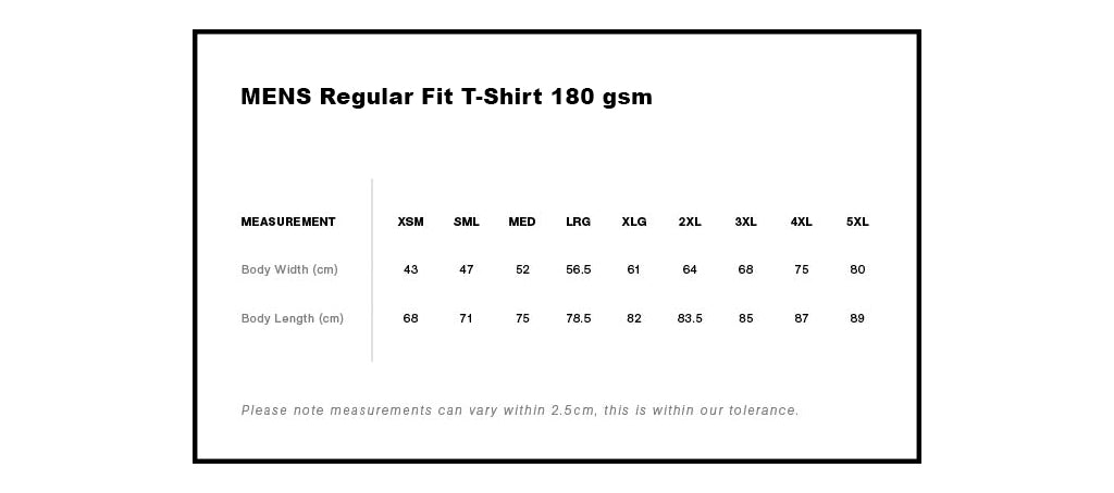 Geltchy | MENS Regular Fit T-Shirt Mid Weight 100% Cotton 180gsm Size Guide