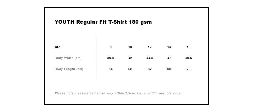 YOUTH Regular Fit T-Shirt Mid Weight 100% Cotton 180gsm Size Guide