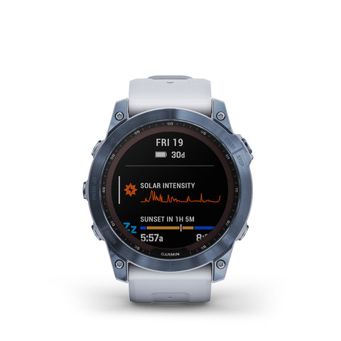 White and mineral blue Garmin fenix 7X Pro Sapphire Solar outdoor GPS watch with solar-charging on the display