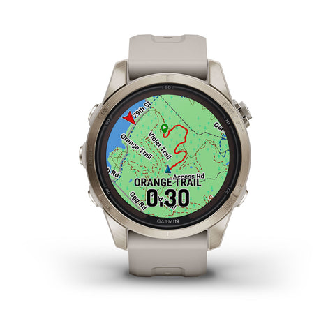 Front view of the gold and light tan Garmin fenix 7S Pro Sapphire Solar with a map on the display