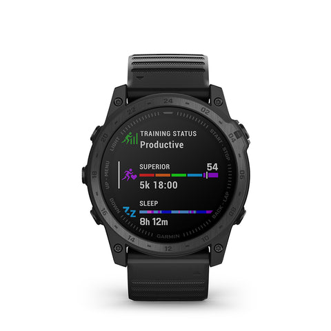 The Garmin tactix 7 with training status glance on the display