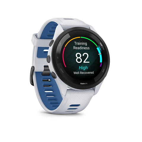 Whitestone and tidal blue Garmin Forerunner 265 with training readiness on the display