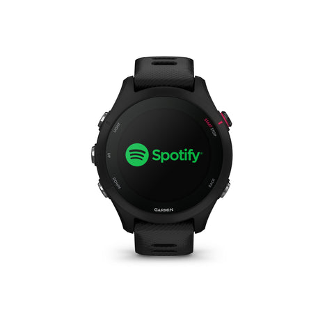 Black Garmin Forerunner 255S running watch with Spotify app on the display